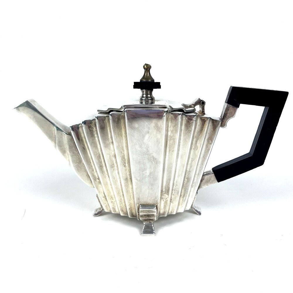 Vintage Art Deco Silverplate Teapot Fan Fluted Geometric Bakelite Handle 1930s